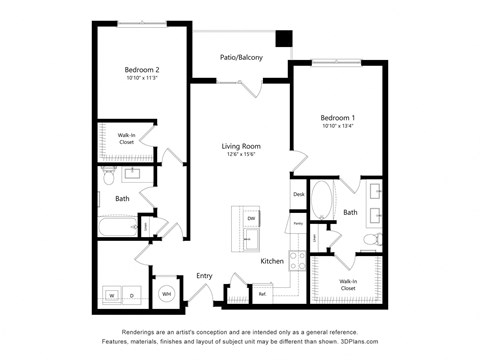Floor plan for 2 beds, 2 baths, 1086 sqft